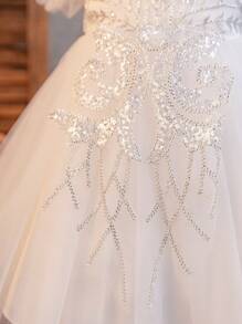 SHEIN Glamorique Kids 4 季女孩可爱度假和婚礼派对礼服，优质白色网眼花童宴会礼服，刺绣蓬松公主礼服 - 白色 - 查看 8