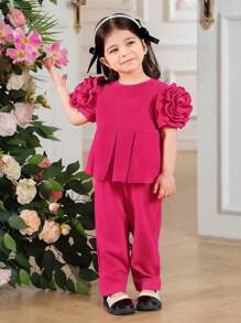Baby Girl Fuchsia Embroidered Puff Sleeve Top Paired With Pants, Suitable For Outings - Hot Pink - View 1