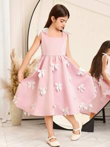 SHEIN Tween Girls 优雅拼接拼色无袖蝴蝶结装饰中长连衣裙、派对装 - 粉色 - 查看 2