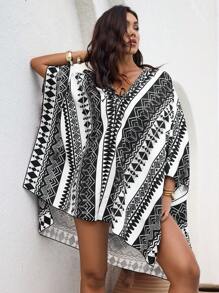 SHEIN Swim 1 chiếc áo choàng bằng vải chiffon dành cho nữ, họa tiết kỹ thuật số hình học trừu tượng, thích hợp mặc đi biển, ở nhà, thường ngày, tiệc tùng, nghỉ dưỡng, xuân/hè - Nhiều màu - Xem 5