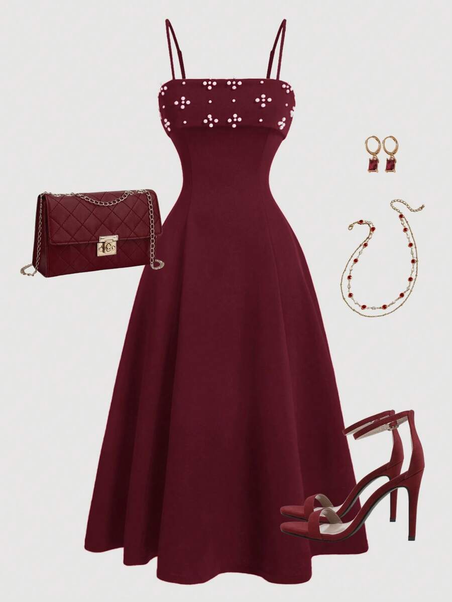 Girlism 少女针织/圣诞节/派对/节日/仿珍珠串珠吊带背心裙、返校裙、返校装、秋季裙、裙