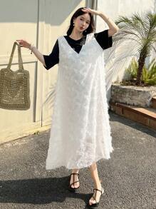 DAZY Women 2-In-1 Short Sleeve Patchwork Feather Color Block Mini Dress Sundress,Casual Women Dresses