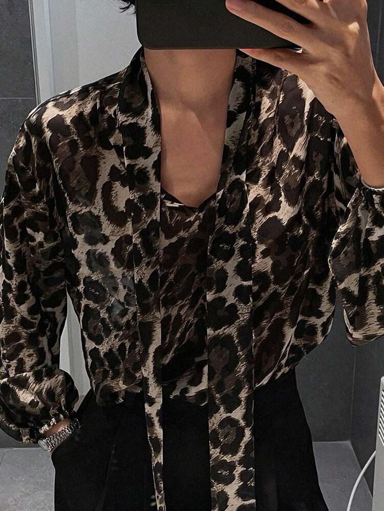 Women's Leopard Print Long Sleeve Loose Blouse With Tie Cuff