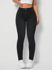 SHEIN Tall Mid-Rise Black Skinny Casual Versatile Women's Jeans - Black - View 3