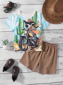 Conjunto de 2 piezas de camiseta con estampado de un perro montado en una motocicleta al estilo occidental + pantalón caqui para niños pequeños (talla pequeña), adecuado para uso diario, juego al aire libre y reuniones familiares, conjunto de verano para niños