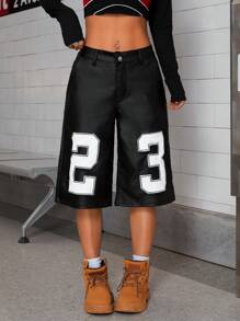 SHEIN ICON Fashion Low-Waisted Embroidered Wide Leg 3/4 Coated Pants - Black - View 1