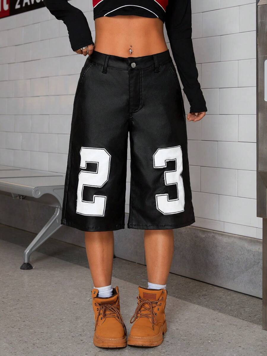 SHEIN ICON Fashion Low-Waisted Embroidered Wide Leg 3/4 Coated Pants - Black - View 1