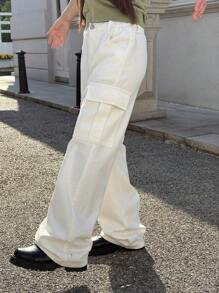 Tween Gil Casual Daily All Year Must Have Sporty Cargo Jeans, With Elastic Waist, Front Pockets, Back Patch Pocket, And Side Flap Pockets. - White - View 2