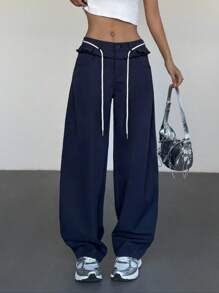 SHEIN EZwear Women's New Style Ruffle Waistband O-Shape Long Pants - Blue - View 3