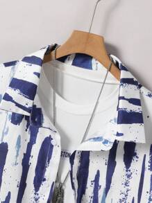 男士时尚休闲翻领短袖泼墨印花度假衬衫 - 寶藍色 - 查看 3