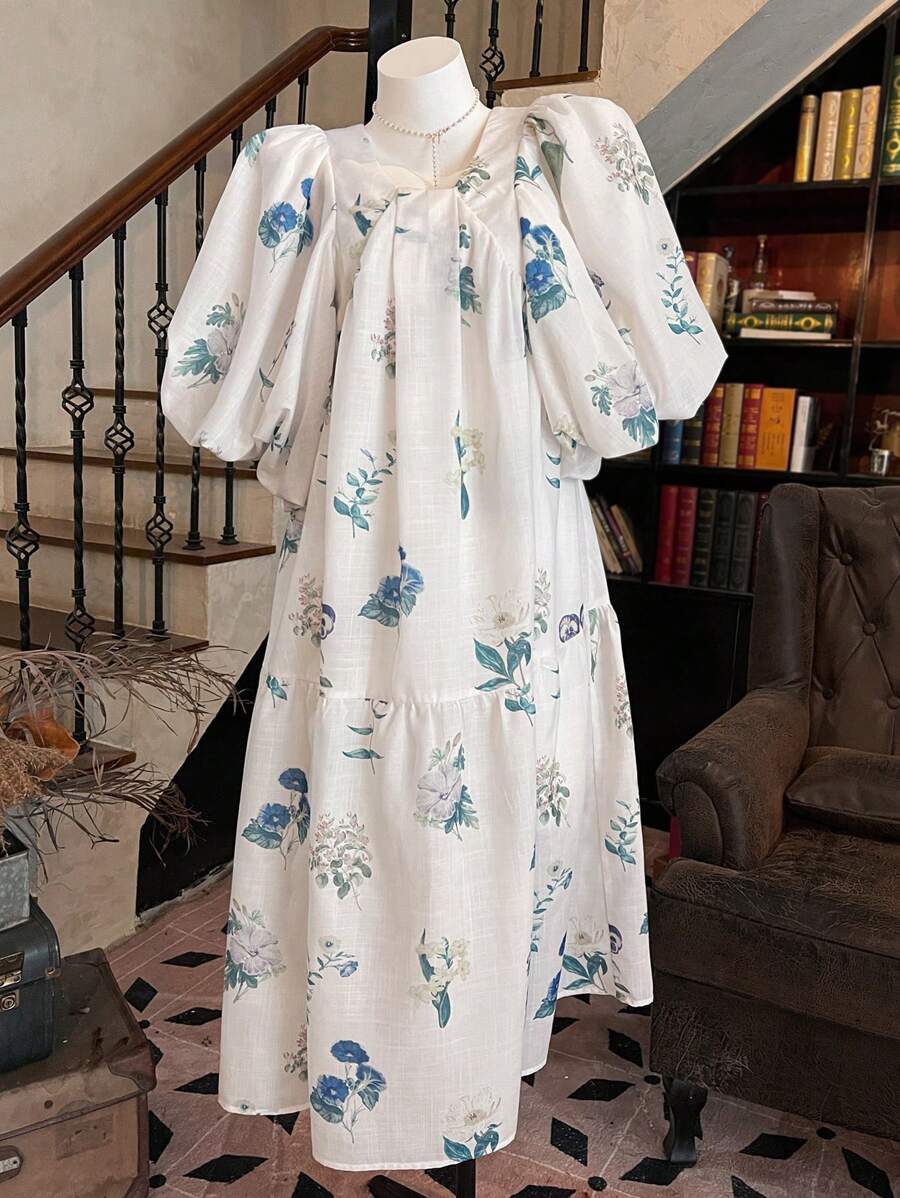 DAZY 春季新品植物印花束腰太阳裙，缪斯宽松长款海滩度假连衣裙，女士花卉图案 - 白色 - 查看 1