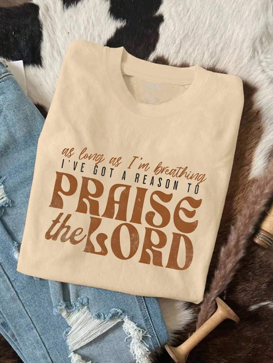 Flirla Áo phông cỡ lớn I Have Reason To Praise, Áo phông Praise The Lord, Áo phông Brandwyn Highland Christian, Áo phông in hình cổ tròn cho nữ - Màu be - Xem 1