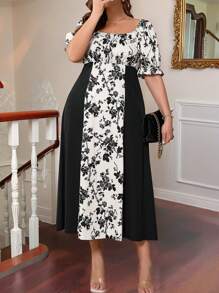 SHEIN Frenchy Plus Size Boho Elegant Romantic Minimalist Black & White Floral Print Color Block Modest Midi Dress, Suitable For Valentine's Day, Vacation, Women Midi Dress, For Summer