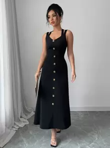 Elenzga Bohemian Style Backless Criss-Cross Strap Mid-Length Sundress - Black - View 6