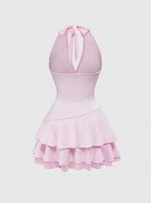 ROMWE Kawaii Váy ngắn thắt nơ ren thêu hoa gợi cảm cho kỳ nghỉ bãi biển dành cho nữ - Hồng - Xem 2