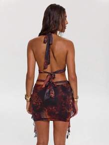 SHEIN BAE 女士豹纹渐变深 V 露背荷叶边迷你连衣裙，性感夏季连衣裙，适合派对、日常外出、节日、街头活动、夜间外出、鸡尾酒会 - 彩色 - 查看 2