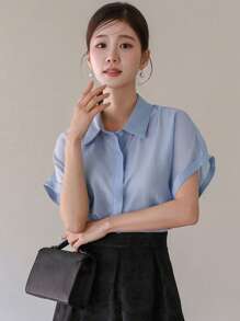 DAZY 女士纯色修身短袖翻领优雅办公室通勤上衣，夏季，商务休闲女装 - 藍色 - 查看 3