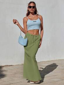 SHEIN EZwear White Linen Mermaid Maxi Skirt, Spring/Summer, Resort Wear - Green - View 4