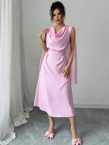 Elenzga Women's 2025 New Elegant Back Pleated Beaded Embellished Mid-Length Dress - Pink - View 1