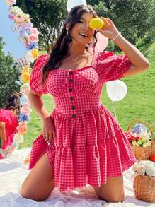 Celure Retro Plaid Puff Sleeve Elastic Waist Midi Dress, Spring/Summer