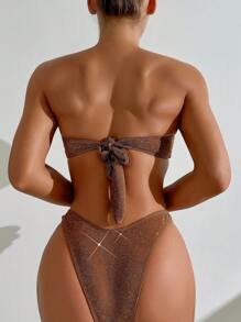 SHEIN Swim 性感闪光面料可拆卸肩带女士比基尼套装泳装套装，夏季海滩度假 - 彩色 - 查看 7