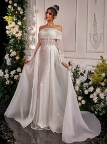 Glamrae Đầm Maxi trễ vai tay dài trong suốt thêu ngọc trai giả màu trắng lãng mạn thanh lịch, phù hợp cho sự kiện cưới và váy cưới - trắng - Xem 6