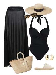 Swim Oasis Spring Break Women Fashion New Solid Color Adjustable Strap Mesh Beach Skirt & Vintage One Piece Swimsuit, Boho Festival Two-Pieces/Set For Summer Beach Vacation - Black - View 1