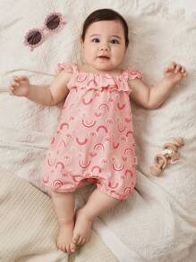 Cozy Pixies Newborn Baby Girls Rainbow Pattern Square Neck Ruffle Hem Sleeveless Romper - Pink - View 3