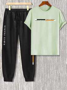 Manfinity Homme Plus Size Men's Letter Print Round Neck Short Sleeve T-Shirt And Casual Pants Set - Mint Green - View 3