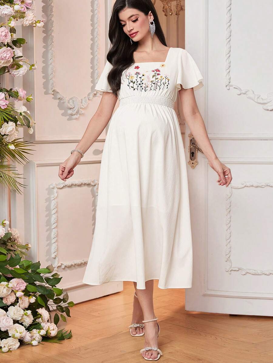 SHEIN 孕妇花卉印花方领荷叶边袖优雅连衣裙 - 白色 - 查看 1