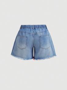 SHEIN MOD Plus Size Blue Denim Shorts Pink Ripped Denim Shorts Sweet Summer Shorts Elastic Waistband - Light Wash - View 5