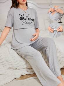 Conjunto de pijama de maternidad con estampado de panda, de manga corta y pantalones cortos