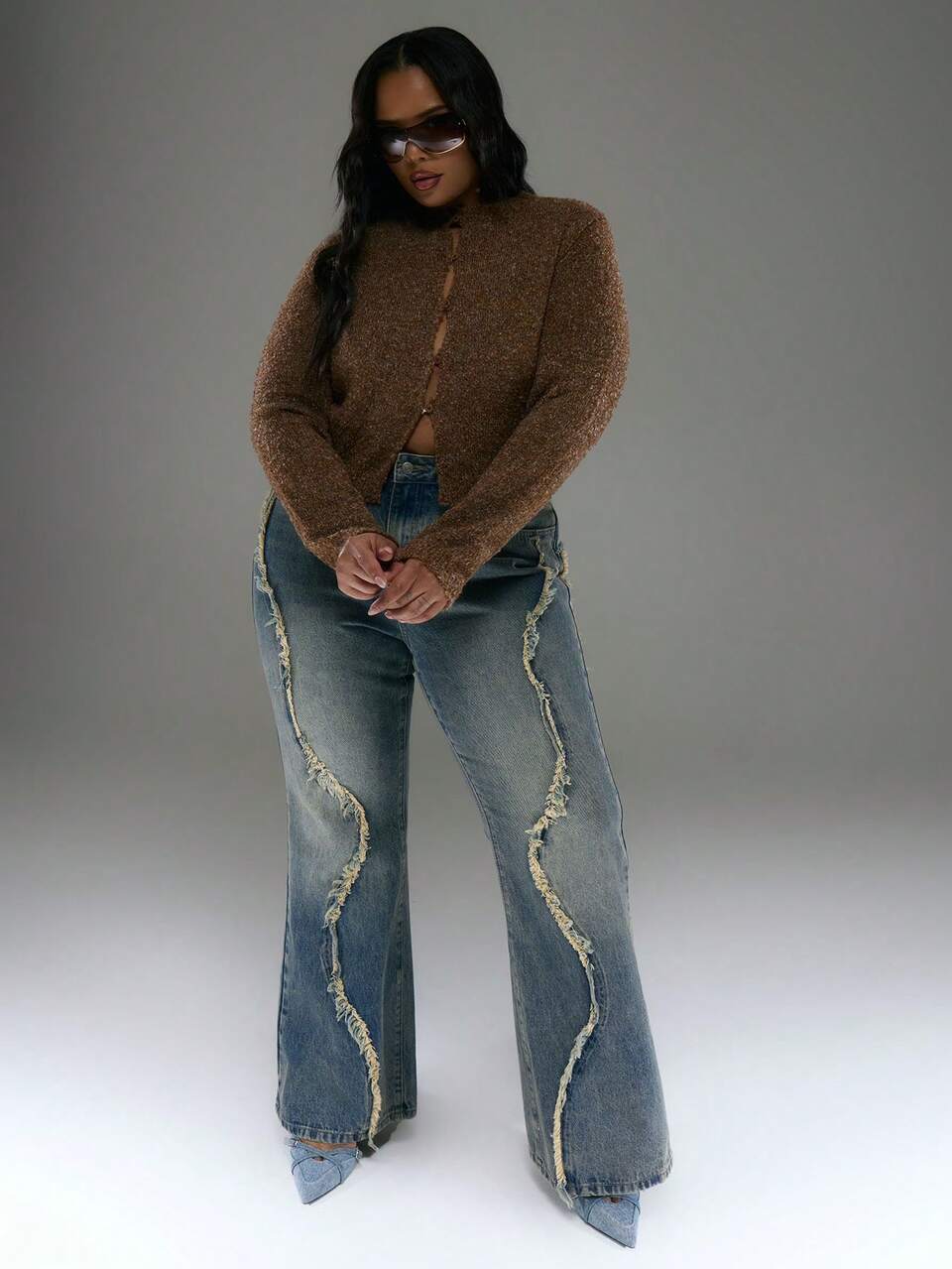 Curve Long Sleeve Button Up Textured Knit Fitted Top For Everyday, Casual, Break, Classy Chic