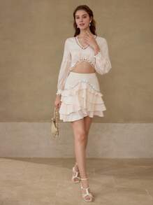 MOTF CONTRAST MESH CROP TOP & RUFFLE SKIRT - Apricot - View 4