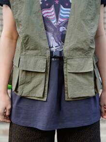 FRIFUL Women's Casual Solid Cargo Vest Jacket - Green - View 7