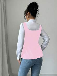 Elenzga Women's French Pleated Square Neck Casual Versatile Tank Top - Pink - View 2