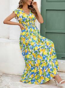 SHEIN Clasi Summer Holiday Outfits  Women's Elegant Shirred Cap Sleeve Elastic Waist Fruit Print Dress, Spring/Summer Beach Resort Dress Summer Dresses For Women Beach Outfits For Woman Maxi Dresses For Women Fall/Winter Women Clothes Back To School Modest Vintage Old Money Teacher Outfits For Women Airport Wedding Guest Dress Women Birthday Dresses For Women Club Outfit Halloween Costumes - Multicolor - View 5