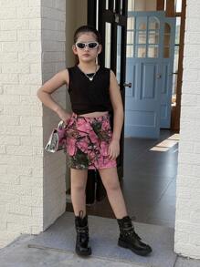 Falda vaquera de niña con estampado de camuflaje de rama de árbol, cintura elástica con cierre de cremallera, mini falda vaquera desgastada para un estilo casual callejero universitario - Rosa - Ver 8