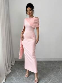 Elenzga Women Elegant Solid Color Asymmetric Collar Dress - Pink - View 4