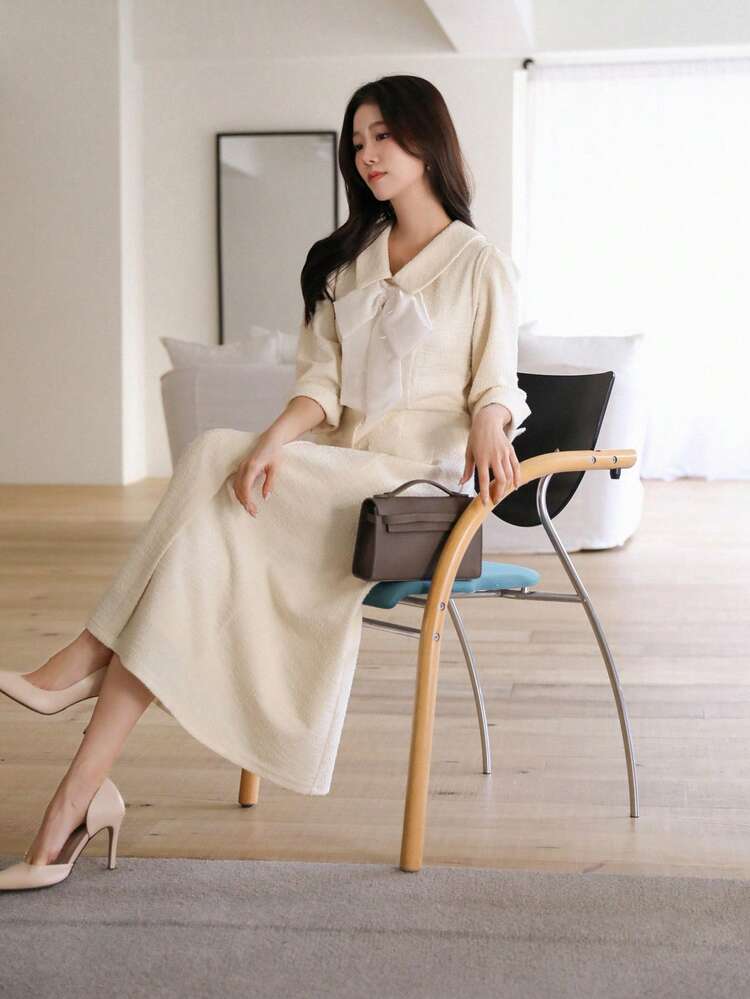 Vestido con lazo y mangas largas, cintura ceñida, vestido largo elegante tipo camisa para mujer, ropa de otoño