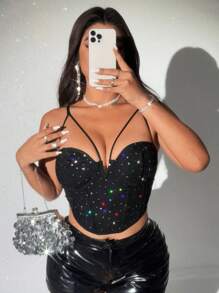 Viva Relle 网眼拼接闪光钢圈紧身胸衣，性感约会大码紧身吊带背心 - 黑色 - 查看 4