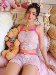 SHEIN 2 件套花卉蕾丝双色蝴蝶结透明性感内衣套装，粉色 - 粉色 - 查看 3