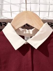 SHEIN Vestido informal de manga corta con cuello y amarre lateral en contraste de color para niñas preadolescentes - Burdeos - Ver 5