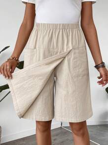 Faunlyn Quần culottes lưng thun co giãn màu trơn đơn giản cho nữ - Màu be - Xem 3