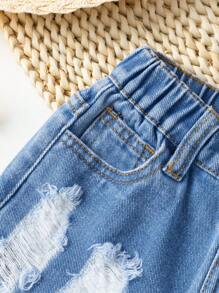 Young Girl New Fashionable Ruffle Trim Distressed Washed Blue Denim Shorts, Casual - Medium Wash - View 4