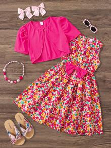 SHEIN Leap Crew 2pcs/Set Tween Girl Solid Knit Jacket & Ditsy Floral Round Neck Dress - Pink - View 2