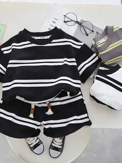 6pcs Young Boys Casual Solid Color Comfortable Knitted Crew Neck Short Sleeve Striped T-Shirt And Loose Shorts Set, Buy 2 Get 1 Free 3 Sets Total, Suitable For Home, Outdoor, Back To School, Birthday, Baby Shower, Festival Party, Spring & Summer, Fleece, Thickened