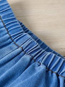 Bộ 2 sản phẩm/bộ quần áo denim tay ngắn in chữ phong cách đường phố đa năng cho bé trai, quần short denim in họa tiết giặt, cạp chun, phong cách Y2K, mùa xuân/hè, quần áo trẻ em, quần áo trẻ mới biết đi, trang phục trẻ em, áo khoác trẻ mới biết đi, quần short trẻ mới biết đi, 6 tháng-3 tuổi - Màu xanh lam - Xem 7