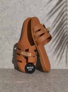 SHUZIA Wide Fit Top Seller Women's Luxury Gold Lock Stitching Detail Square Toe Flat Pu Tan Slide Sandals-Sophisticated, Elegant & Stylish Mother's Day Present - Brown - View 5