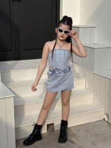 Tween Girl Y2K URBAN Street Light Wash Diamante Detail Jean Tops And Skorts Denim Two Pieces Outfit, With Adjustable Straps. And Chic. - Light Wash - View 5